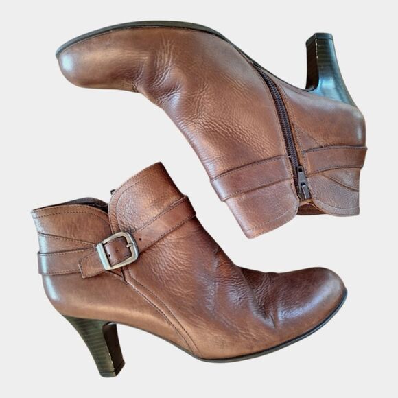 NURTURE Talin Brown Premium Leather Heeled Zip Ankle Boot 9.5M Buckle Bootie - Picture 1 of 16
